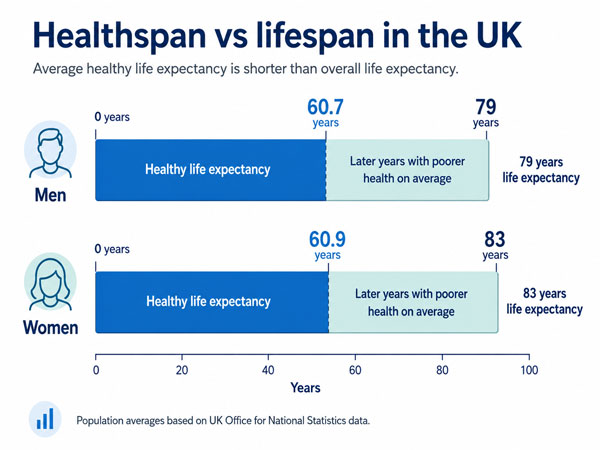 Healthspan vs lifespan in the UK: life expectancy exceeds healthy life expectancy, leaving a gap between the years we live and the years we live in good health. Source: Office for National Statistics, UK