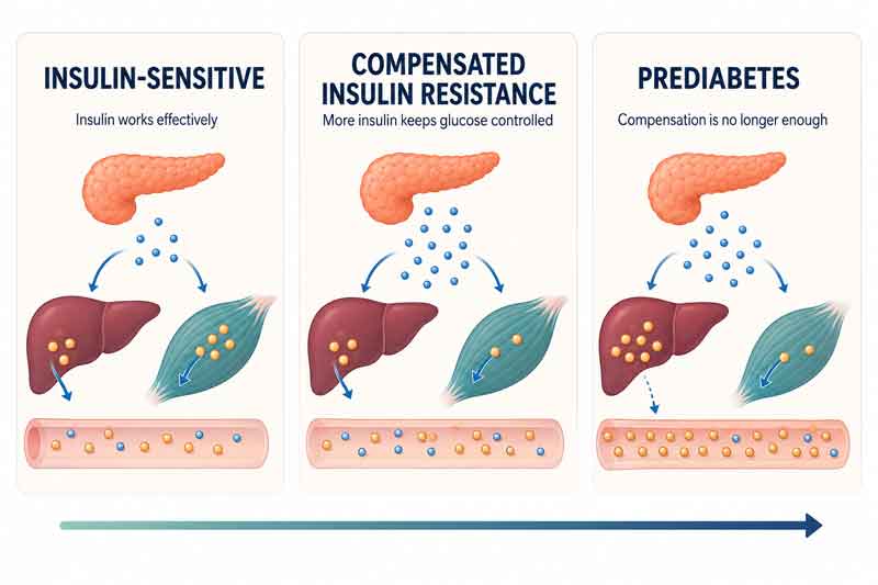 Illustration showing insulin resistance progressing from effective glucose uptake, through compensatory higher insulin production, to rising blood glucose.
